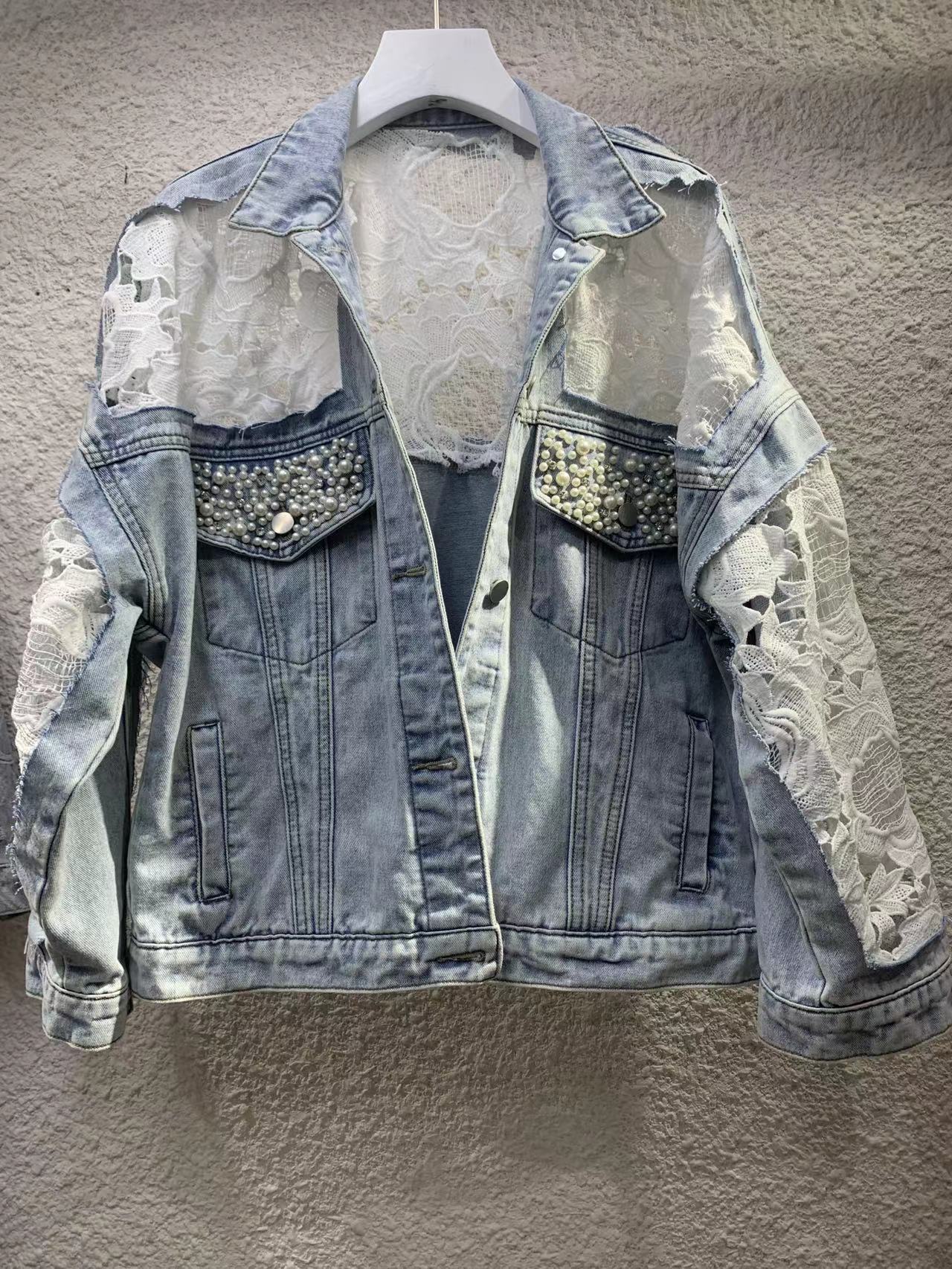 Sheer Embroidered Denim Jacket – Oversized Cropped Style With Lace Trim & UV Protection (S-XL, Light Wash, Casual-Chic Layering Essential)_mkmklike.com