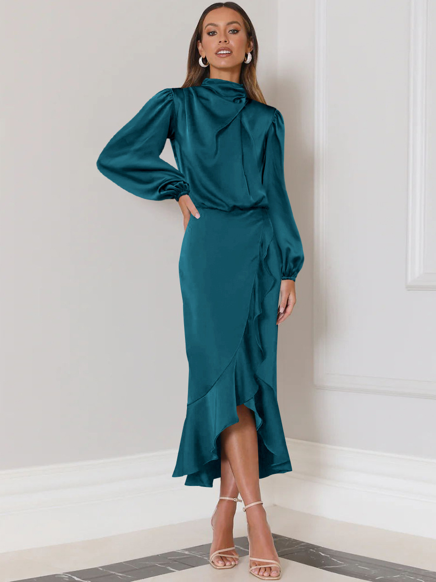 Party Dress Elegant Standing Collar Long Sleeve Solid Color Midi Dress Wedding display picture 6