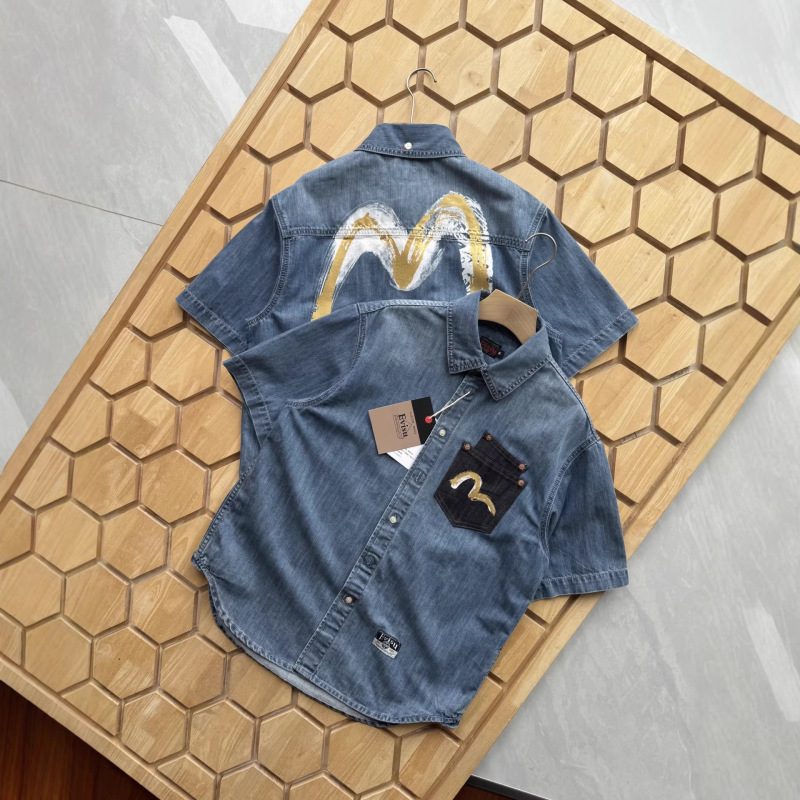 26Ss Spring and Summer New Style Evisu Fashionable and Versatile Men's Large m Printed Casual Loose Denim Short-Sleeved Shirt 26Ss Spring and Summer New Style Evisu Fashionable and Versatile Men's Large m Printed Casual Loose Denim Short-Sleeved Shirt