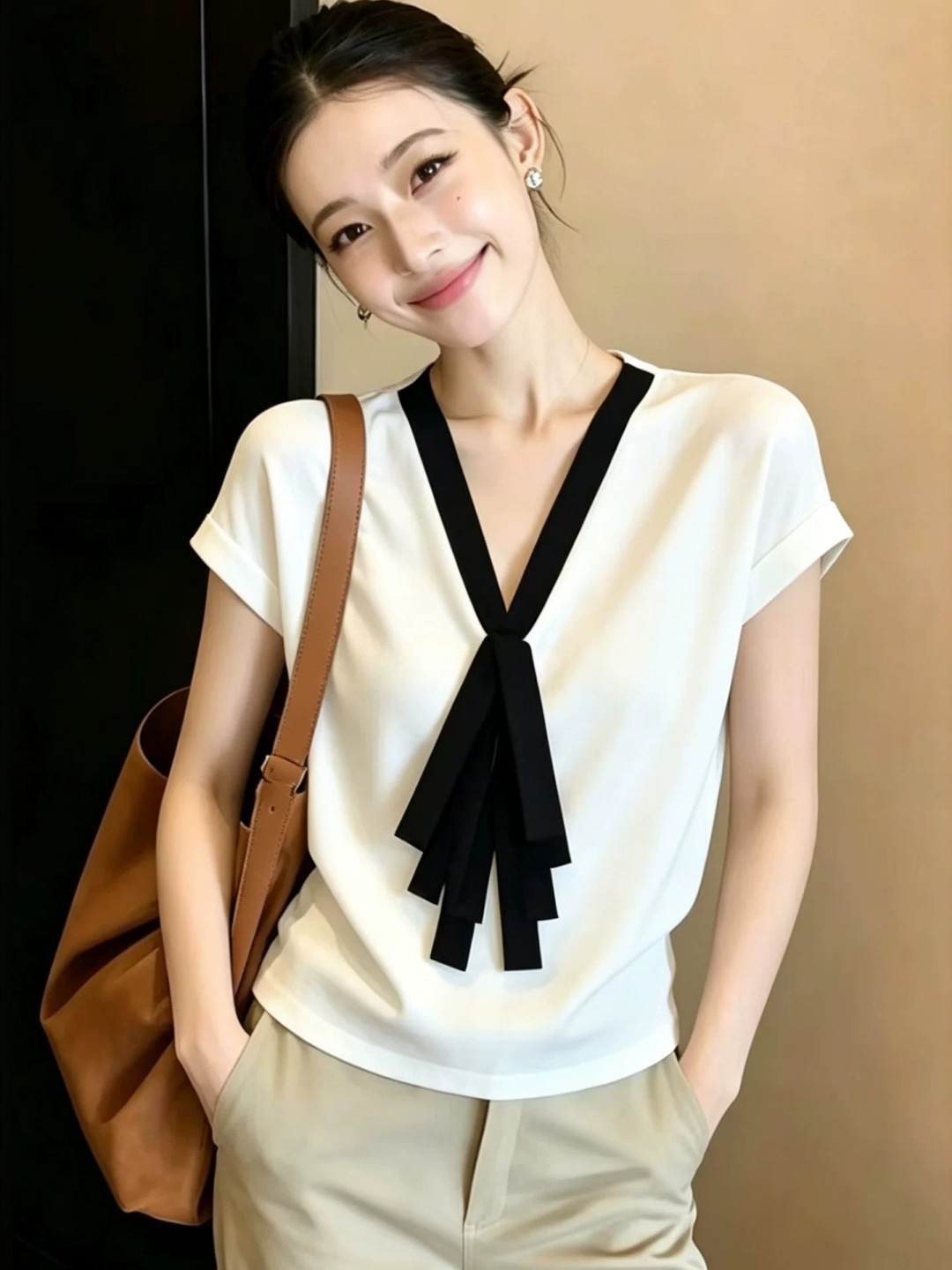 Áo thun nữ cổ V phối màu tay ngắn phong cách Hàn Quốc — Màu ảnh