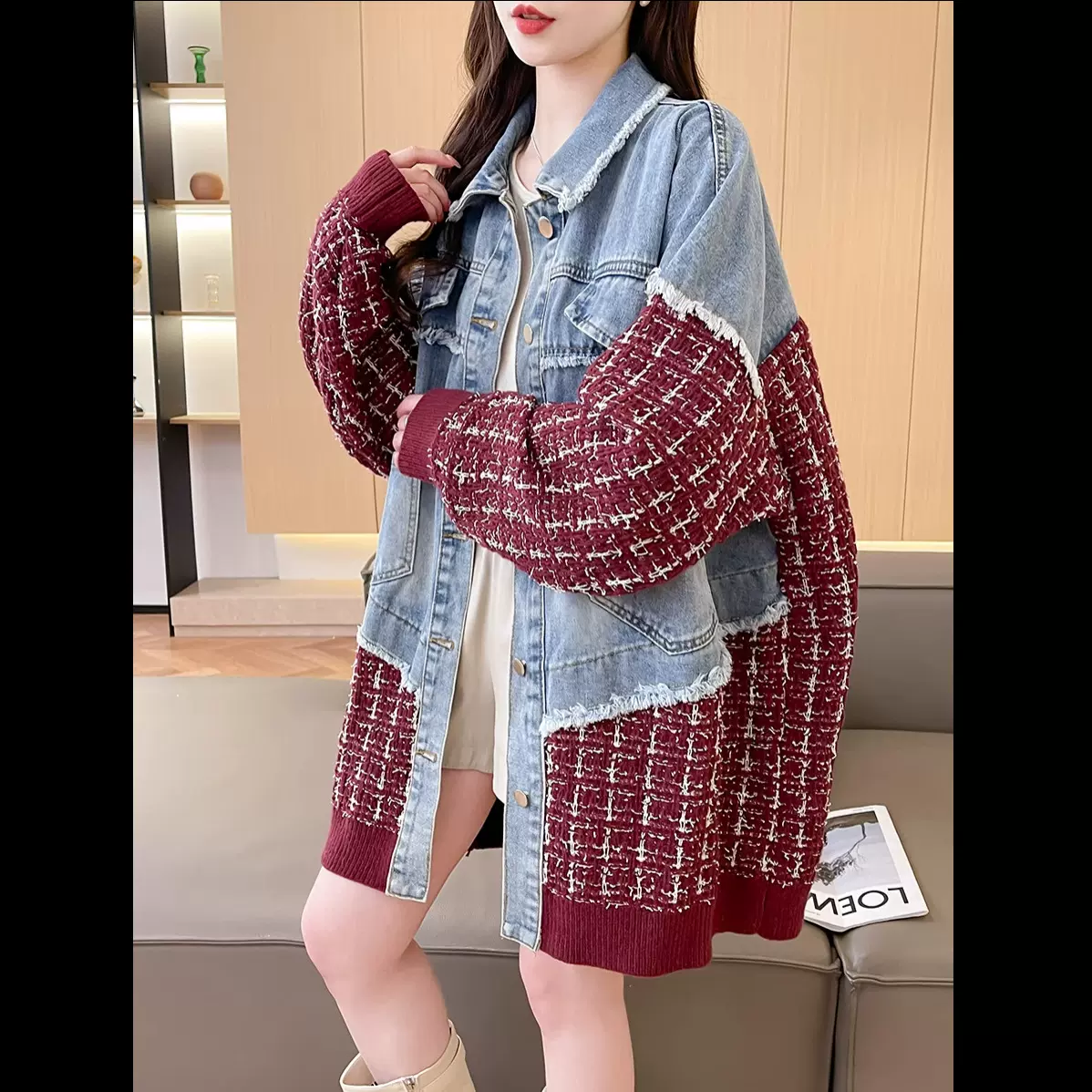 毛衣开衫女2025秋冬装新款洋气百搭韩版宽松牛仔针织拼接流苏外套