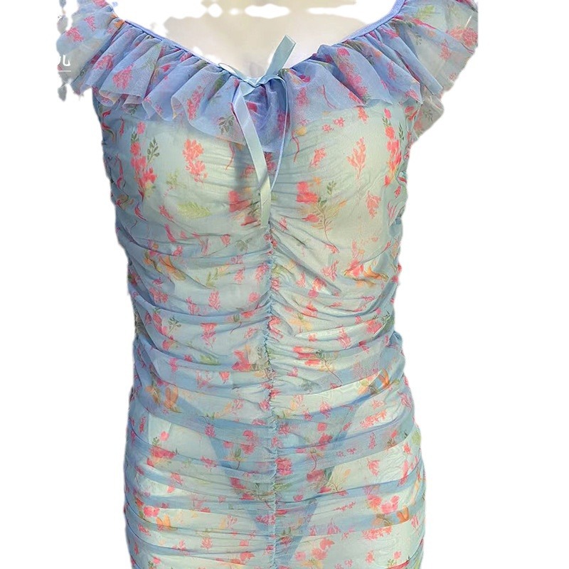 2023 nuevo transparente sexy flor ropa interior malla impreso plisado tentación pijamas camisón conjunto D5210