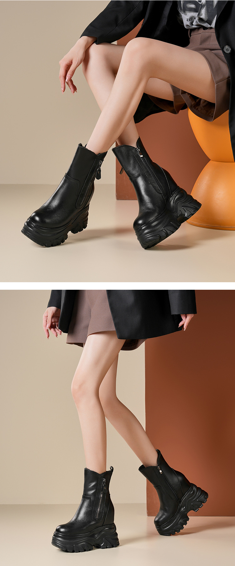 Boot nữ cổ thấp đế tăng chiều cao 14 cm phong cách cổ điển, dáng ôm chân, mũi tròn — Lót nhung đen chi tiết 2