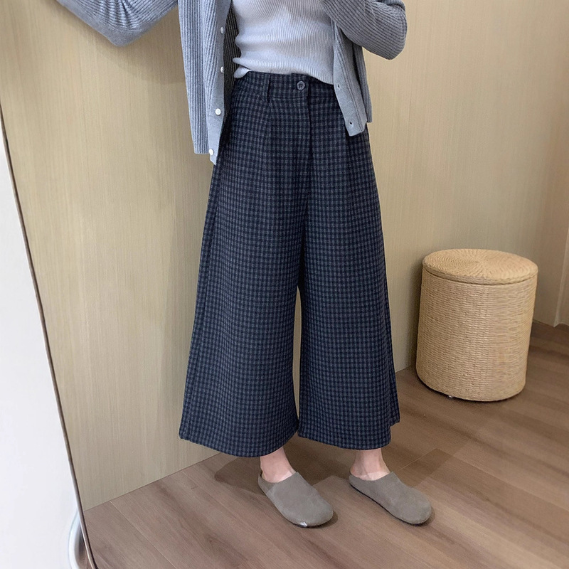 Retro High-End Navy Plaid Woolen Eight-Point Wide-Leg Pants for Women 2025 Autumn and Winter Suit Pants and Skirts Three-Point Straight Pants Retro High-End Navy Plaid Woolen Eight-Point Wide-Leg Pants for Women 2025 Autumn and Winter Suit Pants and Skirts Three-Point Straight Pants