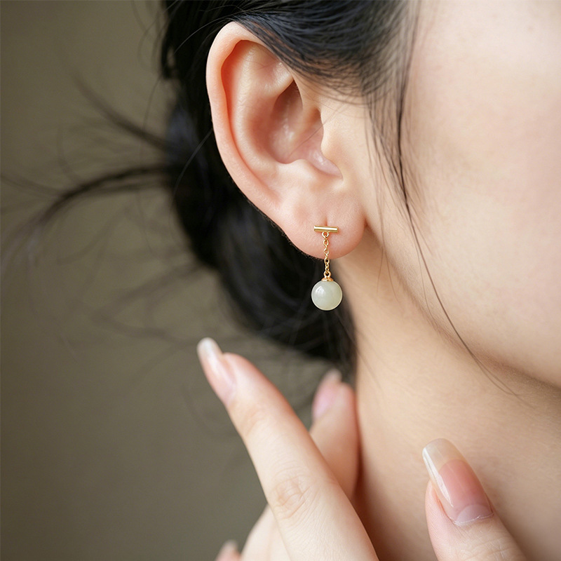 Bông tai bạc S925 mạ vàng đính đá hổ phách và ngọc bích phong cách tối giản — Một cặp màu hổ phách