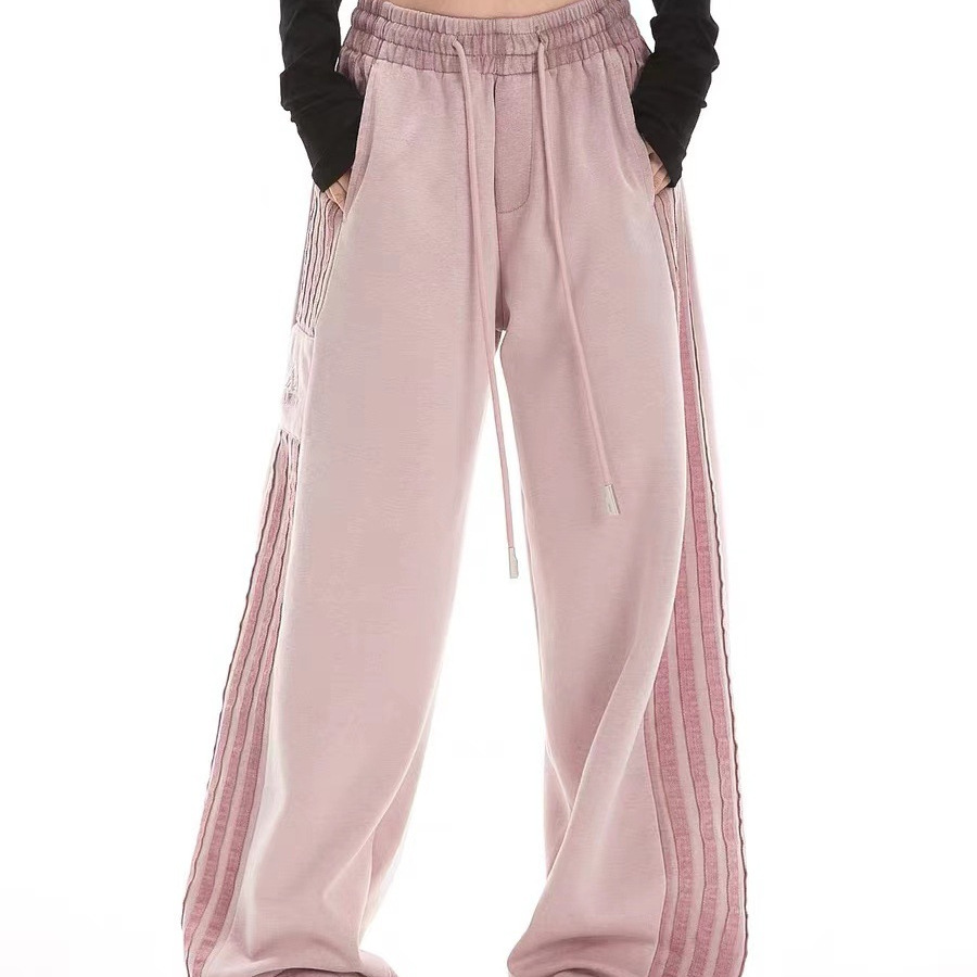 美式复古高街杠条纹运动裤女2024秋季新款宽松休闲直筒阔腿裤卫裤