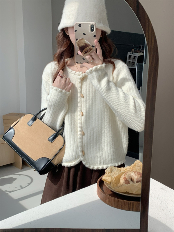 2025秋冬新款花边圆领纯色小香风针织开衫女软糯甜美百搭毛衣外套|undefined