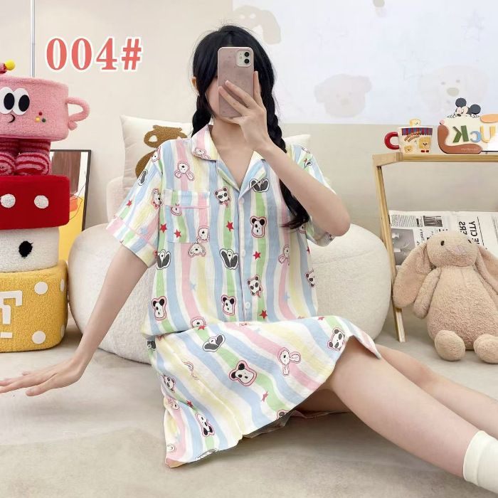Pijama de verano de manga corta cardigan con solapa impresión de dibujos animados nubes de algodón dulce suelto medio largo vestido transfronterizo
