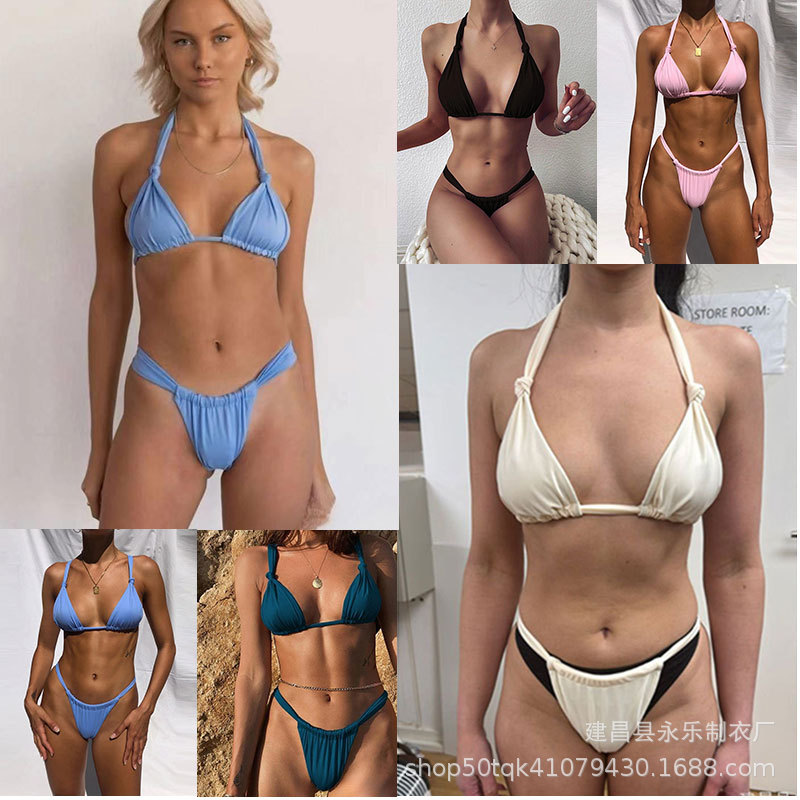 2025 Wholesale European and American Bikini Ruched Sexy Swimsuit Two-Piece Tie Solid Color Bikini Tight-Fitting Quick-Drying High Elasticity
