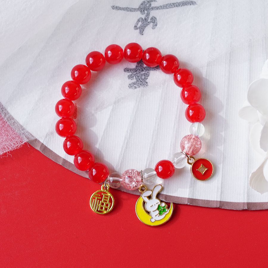 Pulsera de cuerda roja de conejo Temperamento dulce Pulsera de cuentas de cristal rojo lindo Mujer 875G Luna amarilla Conejo Uno