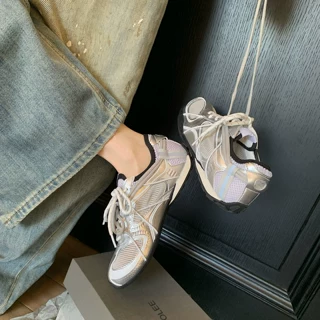 软牛皮赛博德训鞋女内增高网面透气机能赛车鞋休闲运动女鞋阿甘鞋