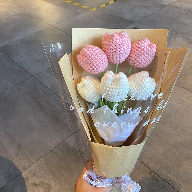 完成した手織りバラ、スズラン、ヒマワリ、造花、ウールニットブーケ、花飾り、ギフト|undefined