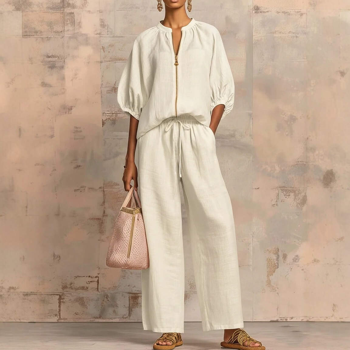 Women's Clothing Summer Women's Wide Leg Pants Set Casual Loose Fit Solid Color Zipper Round Neck Top Bottoms Outfit Style_ecoleips.com