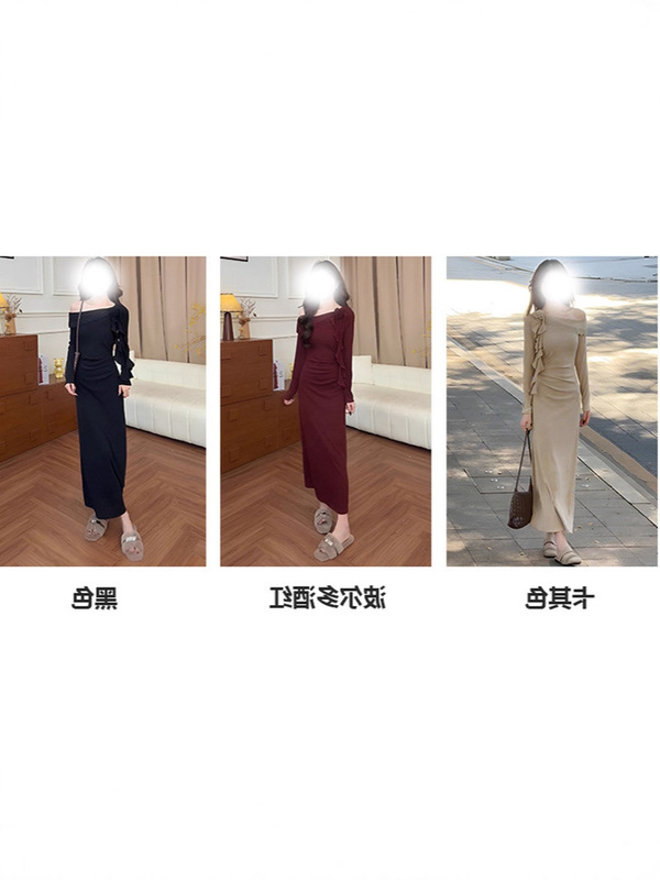 斜肩木耳边飘带长袖连衣裙春秋新款气质收腰显瘦包臀长裙女|undefined