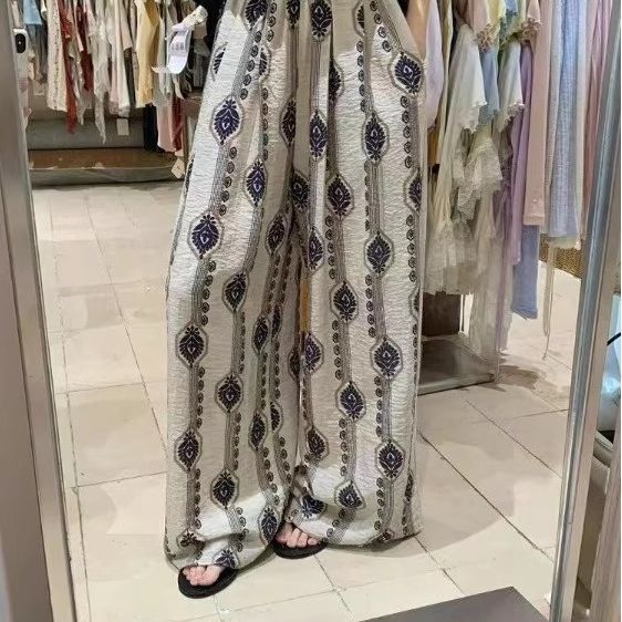 跨境TK新款波西米亚风休闲裤阔腿裤女显瘦高腰度假风印花长裤子