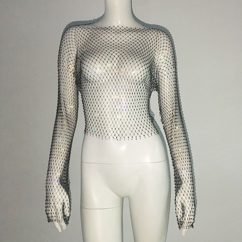 De Europa y América transfronteriza de las mujeres calientes de malla de diamantes de imitación red de pesca de manga larga Sexy Slim rhinestone Top party chica caliente de manga larga
