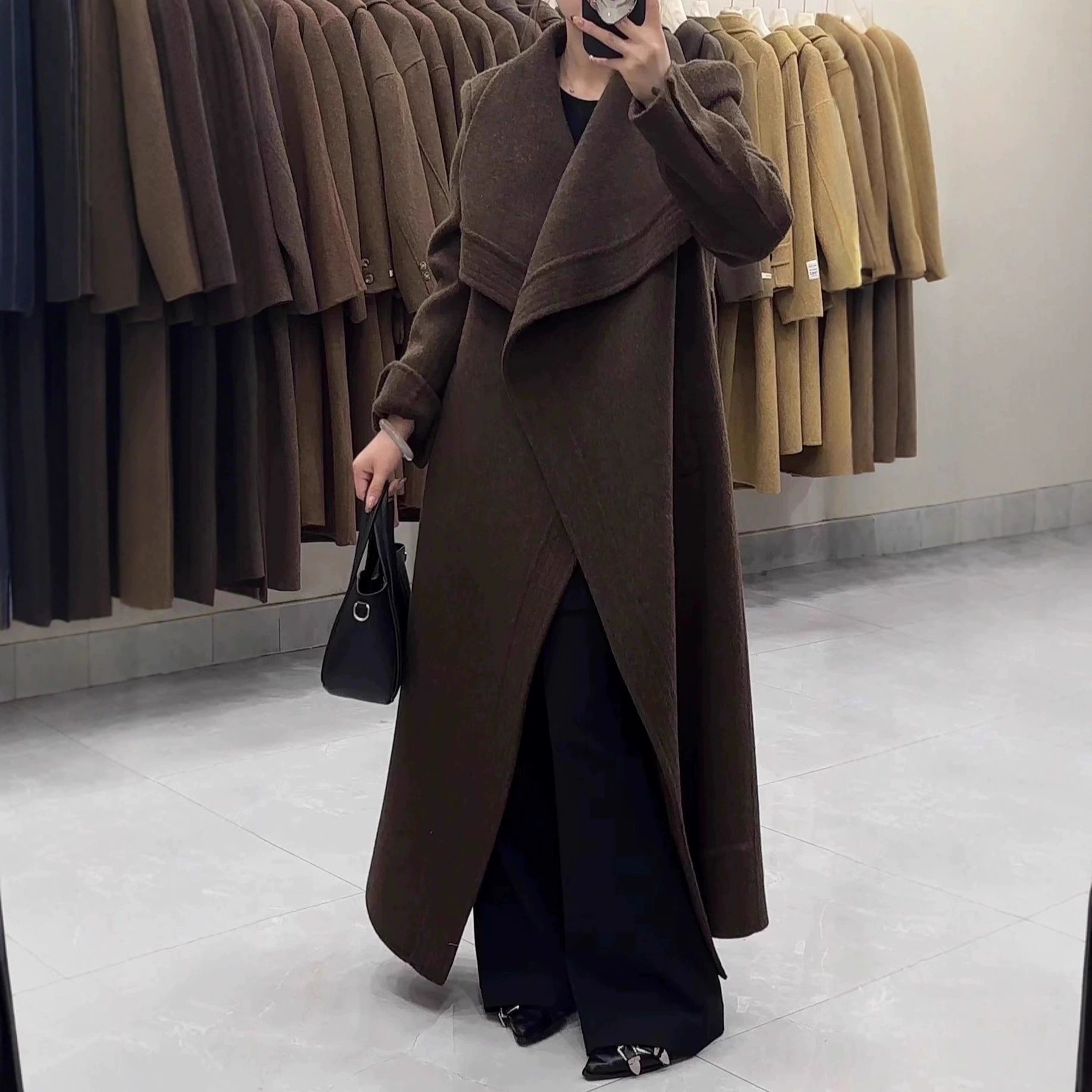 正肩大翻领系带收腰双面羊绒大衣女长款秋冬新款气质时尚羊毛外套