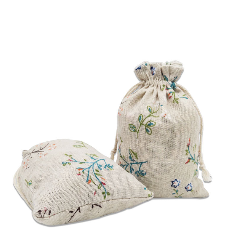 Rama pequeña flor de algodón bolsa de lino de impresión cordón pequeña bolsa de embalaje de la medicina herbal china joyería bolsa de regalo al por mayor