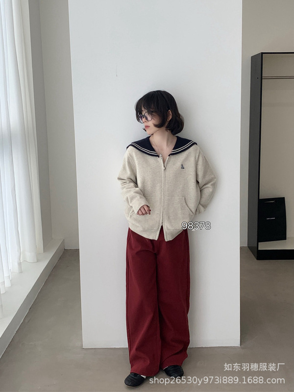 减龄海军风翻领拉链毛衣开衫女25秋冬韩版慵懒风宽松针织外套C152|undefined
