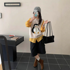 超萌可爱企鹅提花针织马甲女装秋季新款宽松显瘦无袖毛衣背心外搭