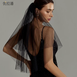 优拉潘 V215双层短款性感新娘头纱 简约黑色裸纱婚礼派对拍照头纱