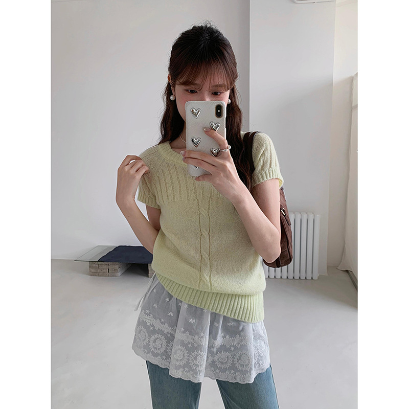 [Cream Knitted 2 Colors] Ge Ming Korean Commuting Round Neck Short Sleeve Sweater Autumn New Top N766B