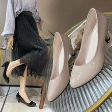 大码单鞋女2024新款尖头浅口四季单鞋时尚粗跟高跟女鞋大码工作鞋