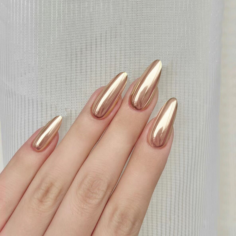 Magic Mirror Powder Manicure Gold Matte Almond-Shaped Wearable Nail Mirror Effect Fake Nails Ins Cross-Border
