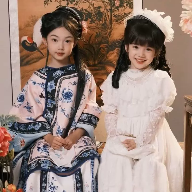 Женский древний костюм династии Цин, древний костюм династии Цин, новый китайский стиль, белое кружевное платье принцессы, костюм иностранной леди для детей