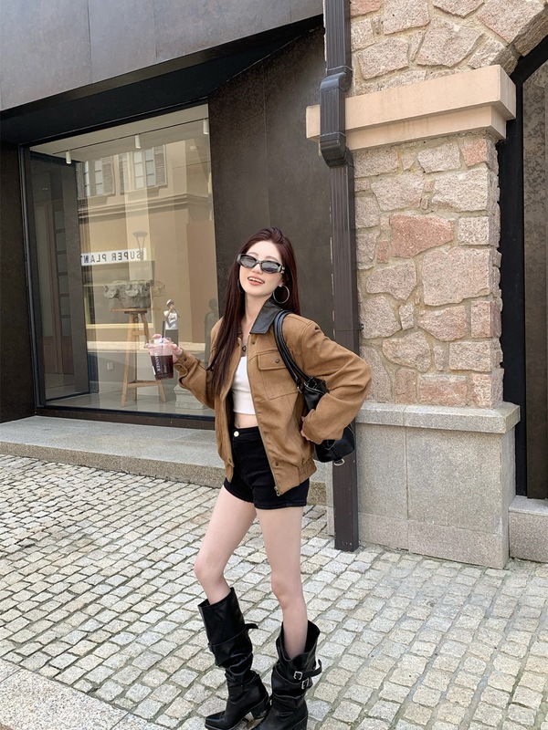 美式复古麂皮绒外套女装秋季2025新款美拉德棕色拉链开衫夹克上衣|undefined