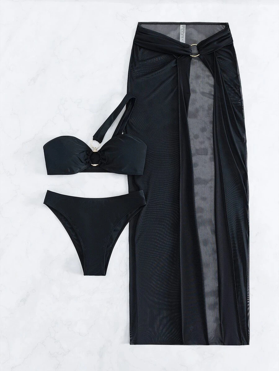 3 Pieces Set Quantity Swimming Pool, Beach Occasion Women's Solid Color 3 Pieces Set Bikinis Swimwear