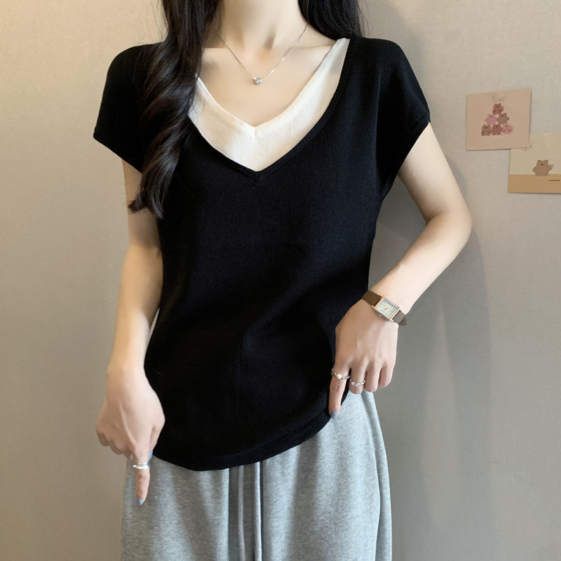 Áo thun nữ tay lỡ giả hai lớp chất liệu sợi mát — đen chi tiết 3