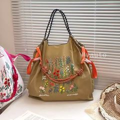 ボールチェーン日本式草花刺繍ショッピングバッグ携帯用軽量エコバッグレトロ手提げショルダーバッグ