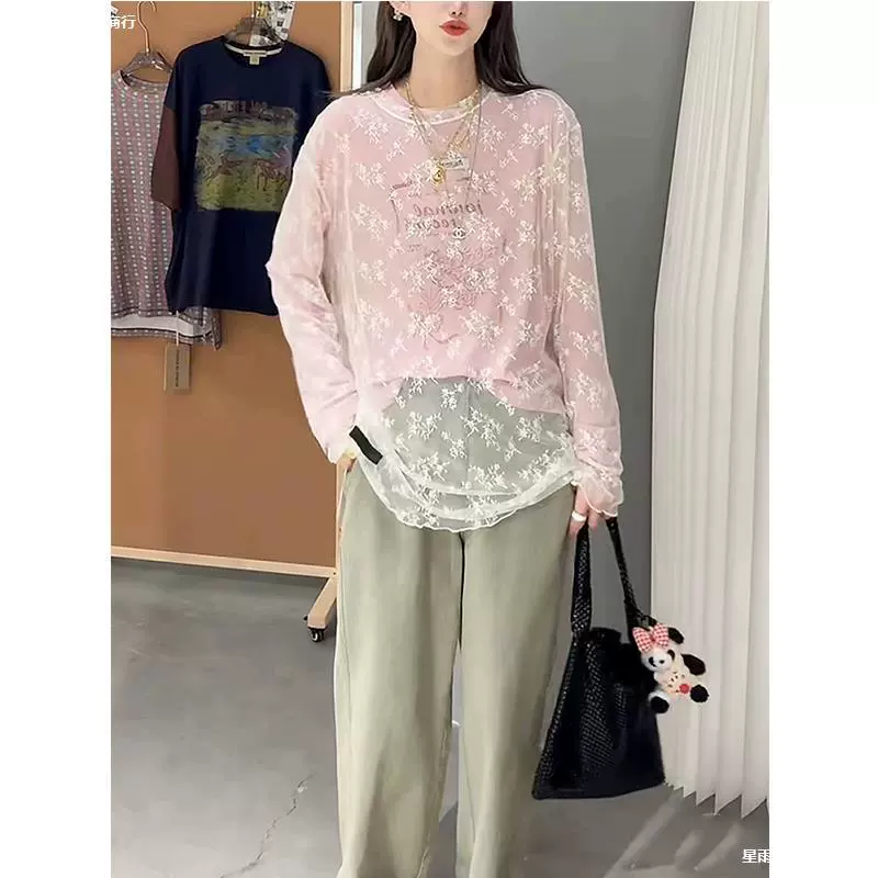 2025 Дизайнерская кружевная рубашка с длинными рукавами и многослойным низом, женская модная полая рубашка, топ