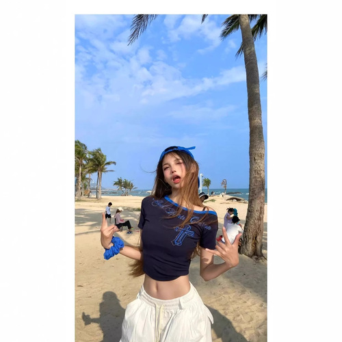 260g Cotton Modal Blouse with Letter Embroidered Gems Sloping Shoulder Short Sleeve Women's Fitted Shoulder-Stripping American Style Top