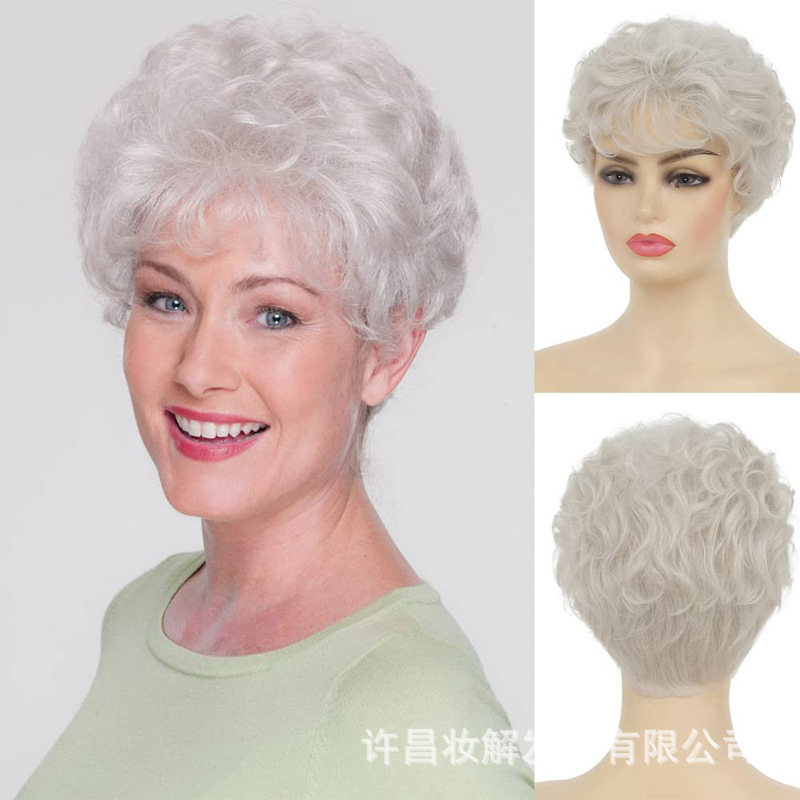 Women Short White Wig Synthetic Layered Curly Elf Wig with Bangs Natural Look Costume Wig