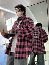 韩路男装 美式印花格子长袖衬衫男春季新款宽松高街潮牌衬衣外套