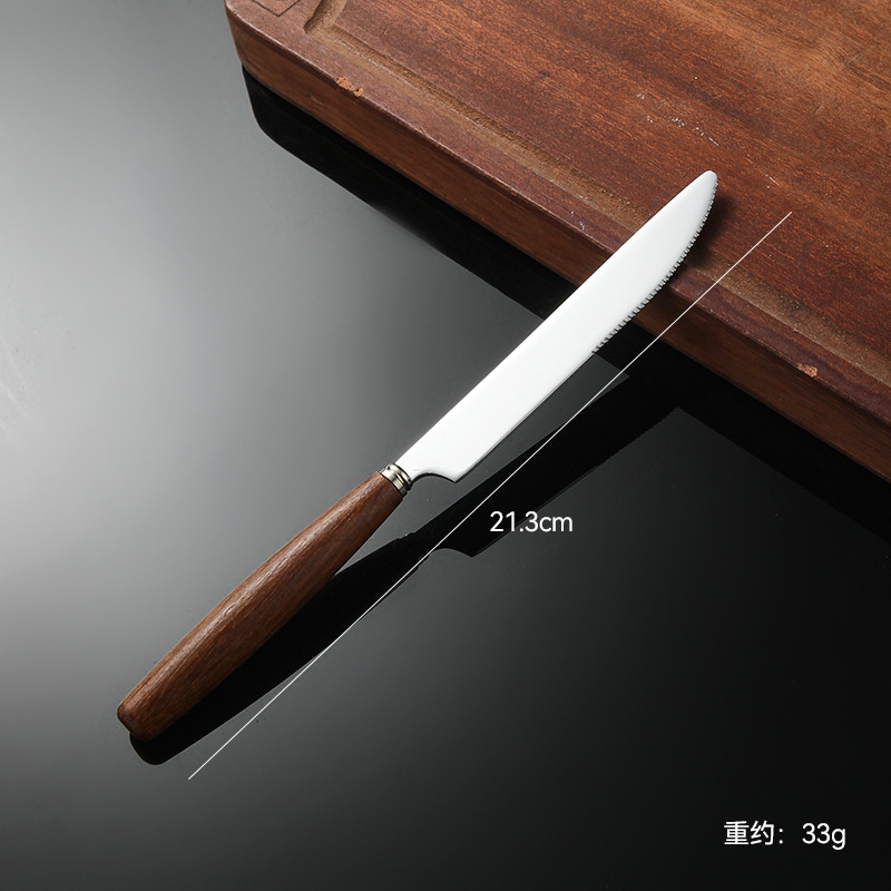 Madera de haya, alas de pollo, mango de madera, cuchillo y tenedor de acero inoxidable doméstico, cubiertos, cuchillo y tenedor de carne brillante, cuchara de carne occidental