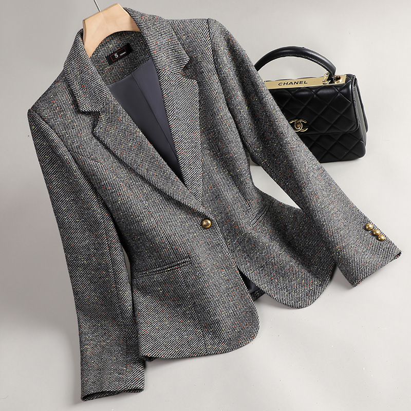 High-End Gray Wool Blazer for Women 2026 Spring and Autumn, Elegant Slim Fit for Petite Women, Single-Button Casual Women's Suit