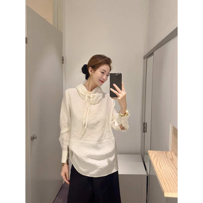 COS Style Women's Clothing 25 Spring and Summer New Design Sense Drawstring Funnel Collar White Long Sleeve Shirt Thin Pullover Shirt