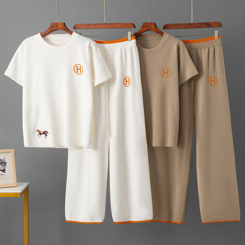 Cross-border Summer New Knitted suit Embroidered Round Neck Casual Top Sports Slim-fit Wide Leg Pants Two-piece Set for Women