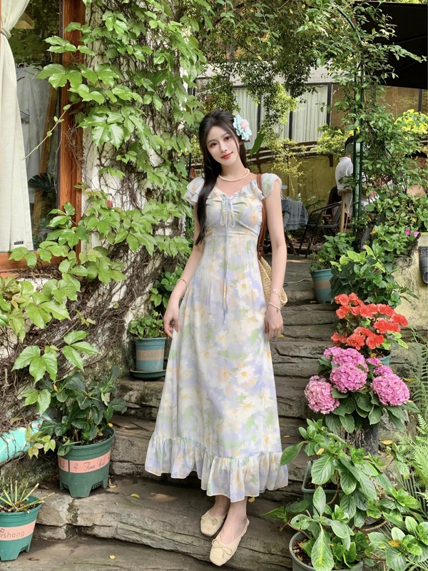 大码女装胖mm夏季新款2025法式温柔风设计感飞飞袖连衣裙长裙子潮|undefined