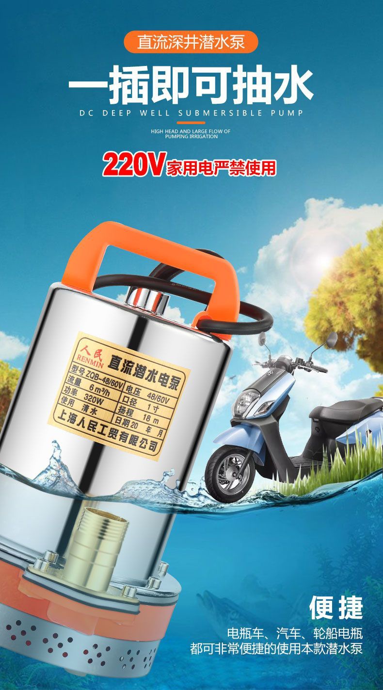 Shanghai People's 12V 24V 48V 60V 72V Dc Submersible Pump Electric Vehicle Battery Water Pump Car Wash