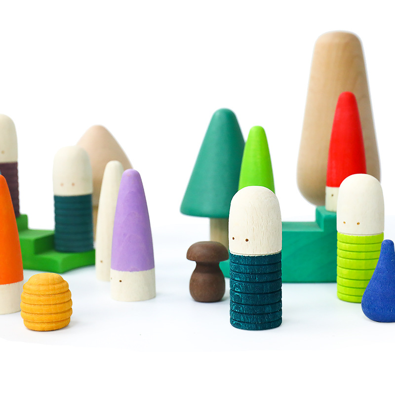Bloques de construcción de madera del arco iris escena edificio bebé color cognición niños educación temprana pulgar villano juguete 3-5 años