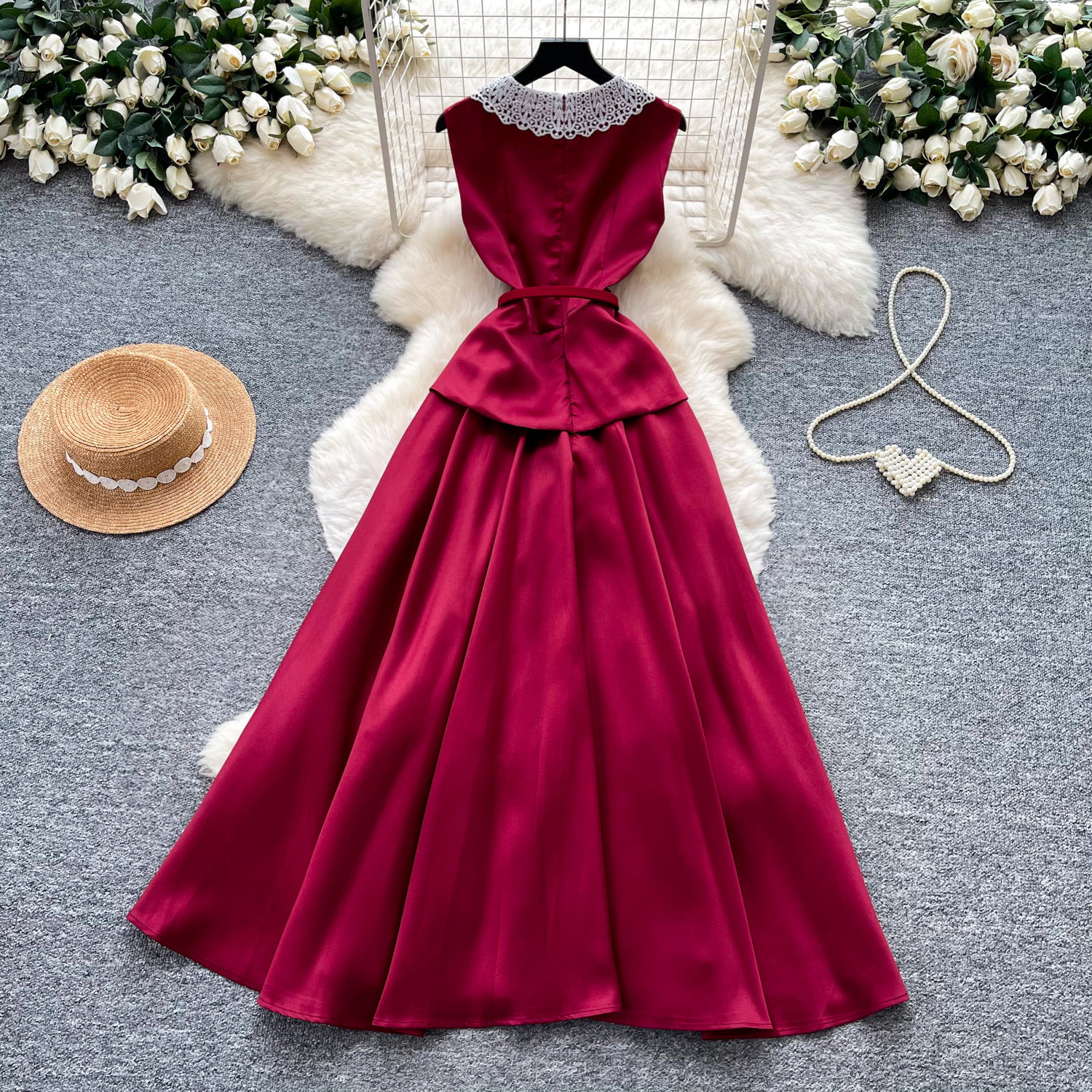 Elegant High-Waisted A-Line Dress Red Lace Peter Pan Collar Summer Commute Suitable Women's Clothing_ecoleips.com