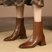 全皮简约优雅通勤冬季粗中跟方头棕色牛皮短靴女基础款切尔西靴子