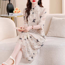 实拍夏季雪纺剪花蝴蝶印花旗袍减龄高端高档短袖遮肚子口袋连衣裙