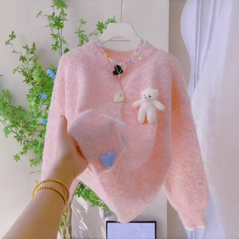 Sweet style three-dimensional bear heart button cardigan, plus size, age-reducing, pink, loose, versatile knit jacket 26 new