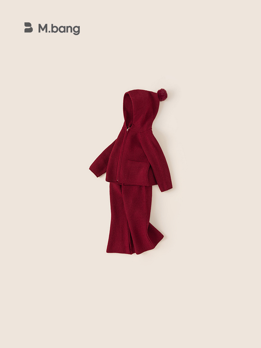 Youbao Children's Clothing Solid Color Hooded Sweater Set Winter New Arrival New Year Girls' Knitted Flared Pants Two-Piece Set