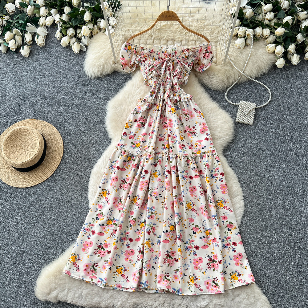 Women's French Sweet Style Square Neck Floral Dress Summer Korean Pleated Waist Tie A-Line Elegant Long Red Dress_ecoleips.com